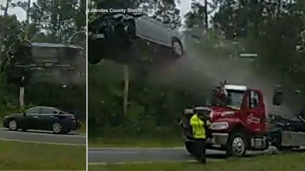 Car flies airborne off back of tow truck in shocking Georgia crash
