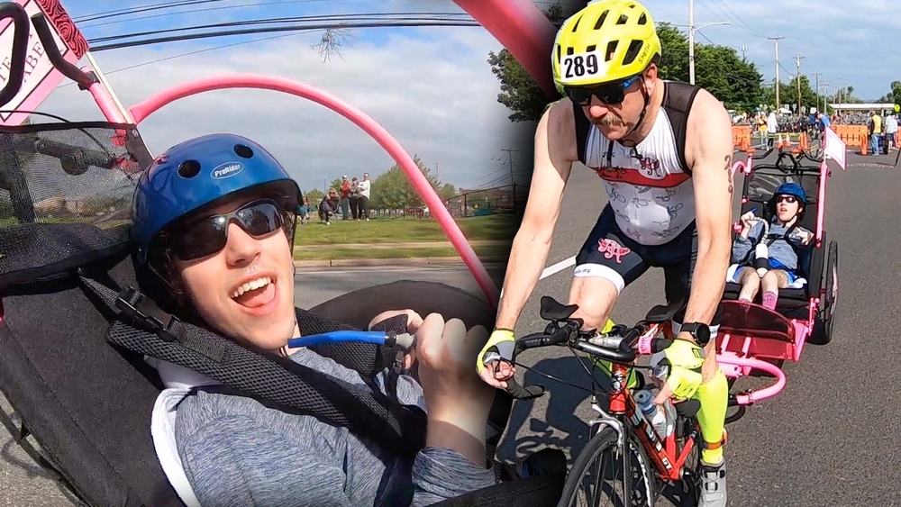 Man with cerebral palsy completes triathlon thanks to racing partner