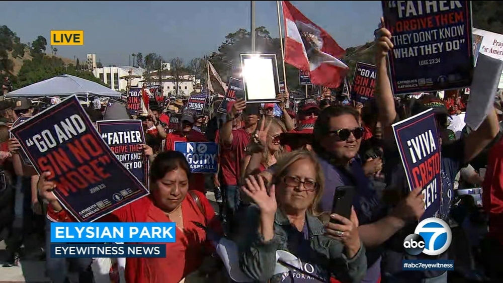 Catholic protesters gather outside Dodger Stadium for Pride Night