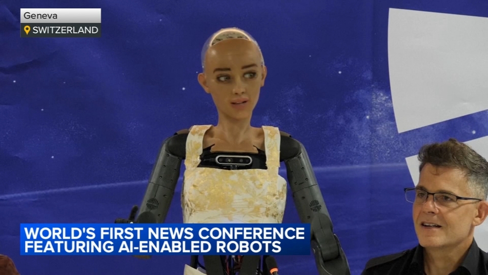 AI-enabled robots answer questions at press conference