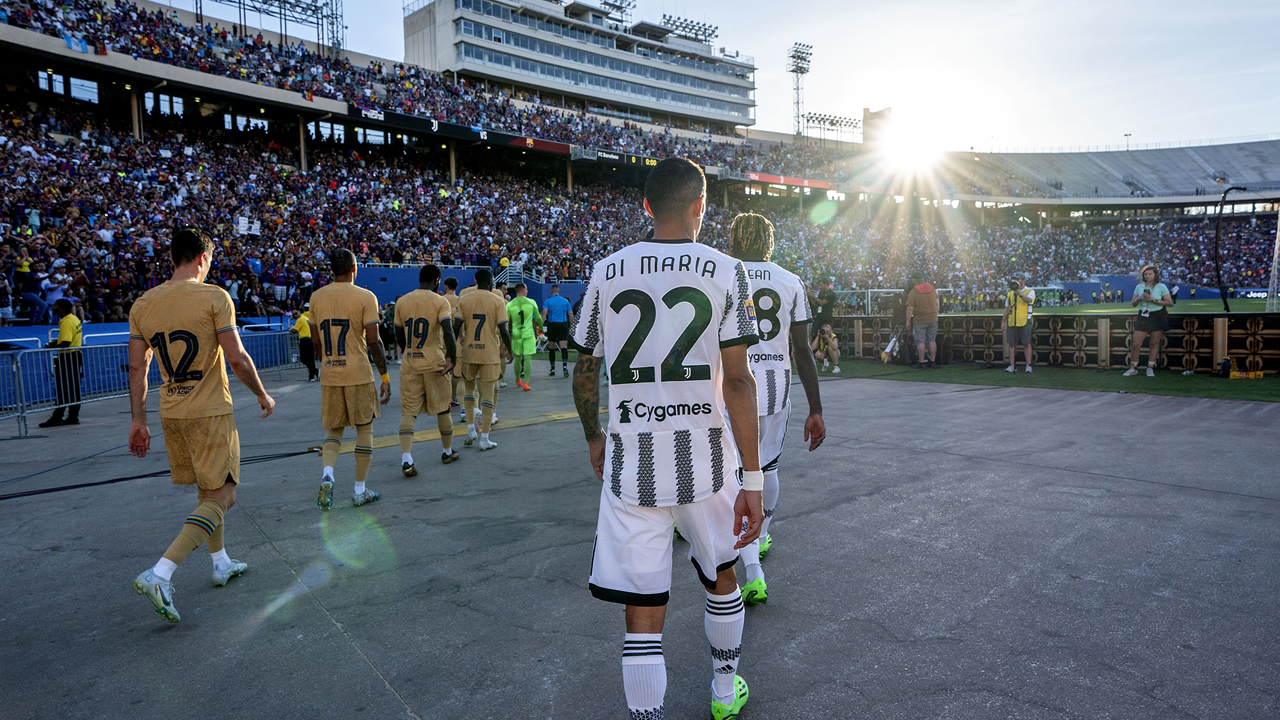 FC Barcelona and Juventus walk into the Cotton Bowl before the start of a soccer match, Tuesday, July 26, 2022 in Dallas. The game ended in a 2-2 draw. (AP Photo/Jeffrey McWhorter)