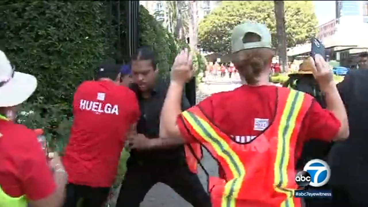 Hotel workers clash with security while picketing in Santa Monica