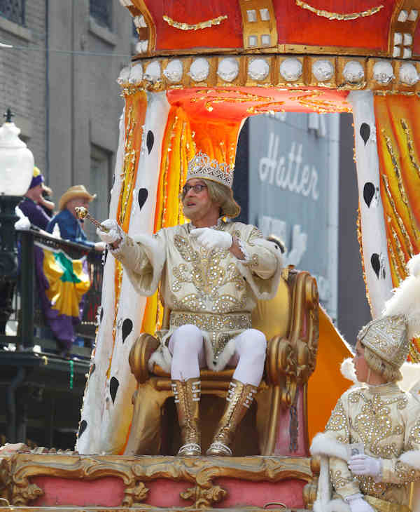 The Rex Parade moves through the central business district of New Orleans, Tuesday, Feb. 21, 2012. This is the last day of the Mardi Gras celebration ending at midnight, after a day long celebration of parades, marching groups and people in costumes. (AP Photo/Bill Haber)