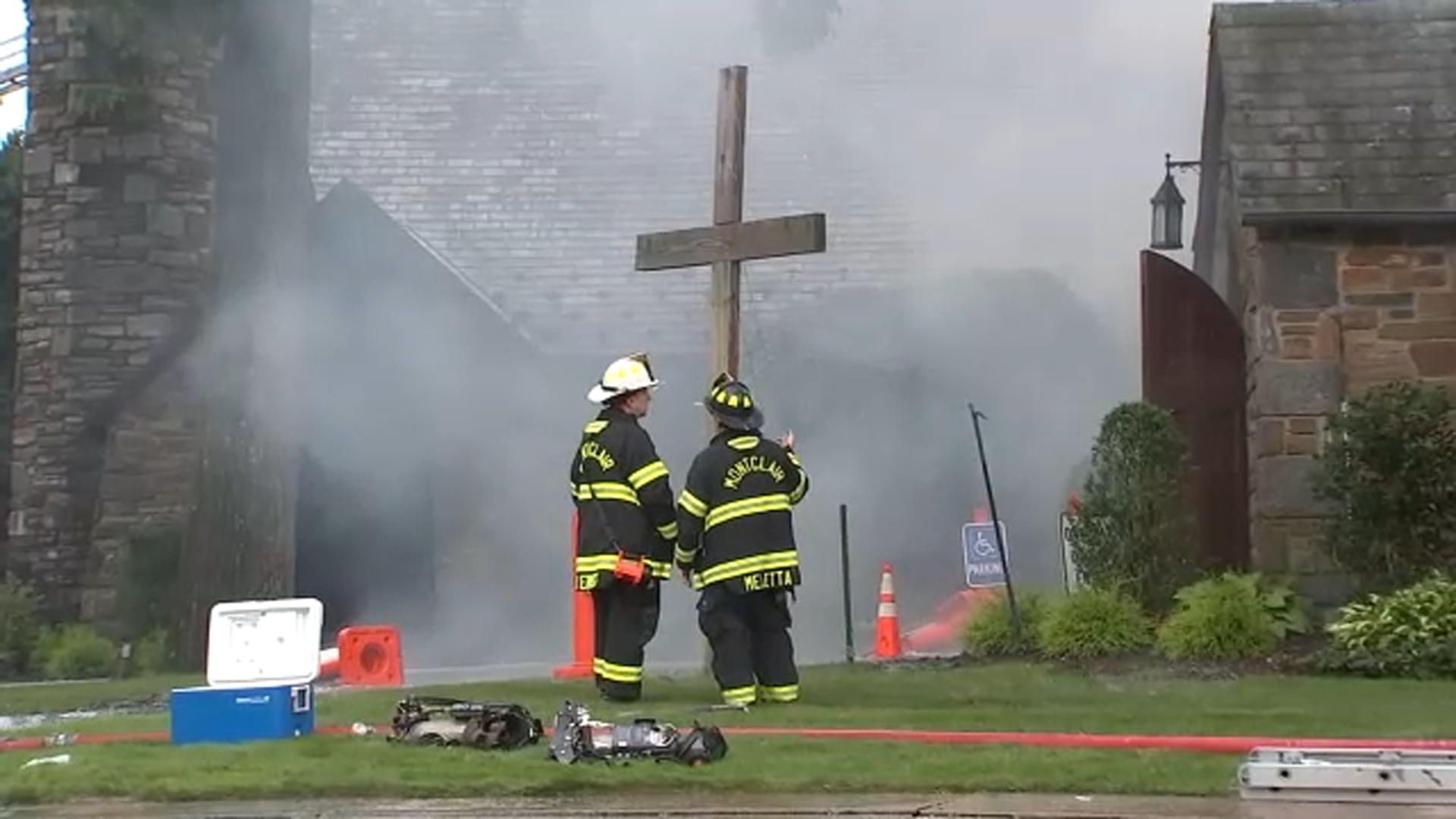 Church destroyed by fire in Montclair; several firefighters injured