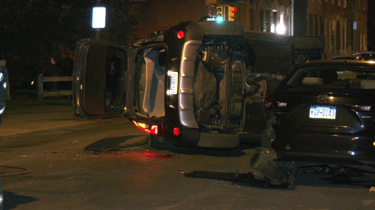 Philadelphia police investigate after stolen car crashes, overturns