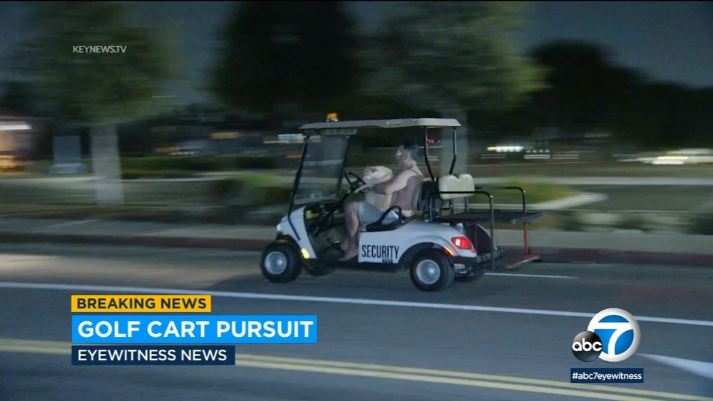 Shirtless suspect leads LA police on slow-speed chase in golf cart