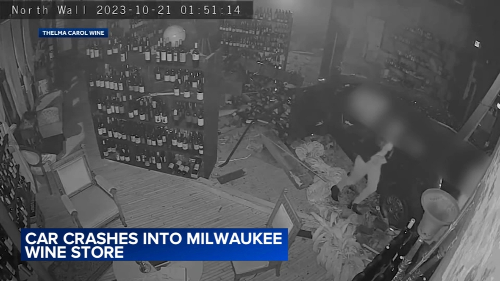 Car crash into Thelma Carol Wine Merchants in Milwaukee, WI caught on