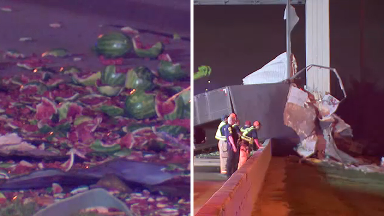 Truck filled with watermelons slams into sign on SW Fwy in Sugar Land