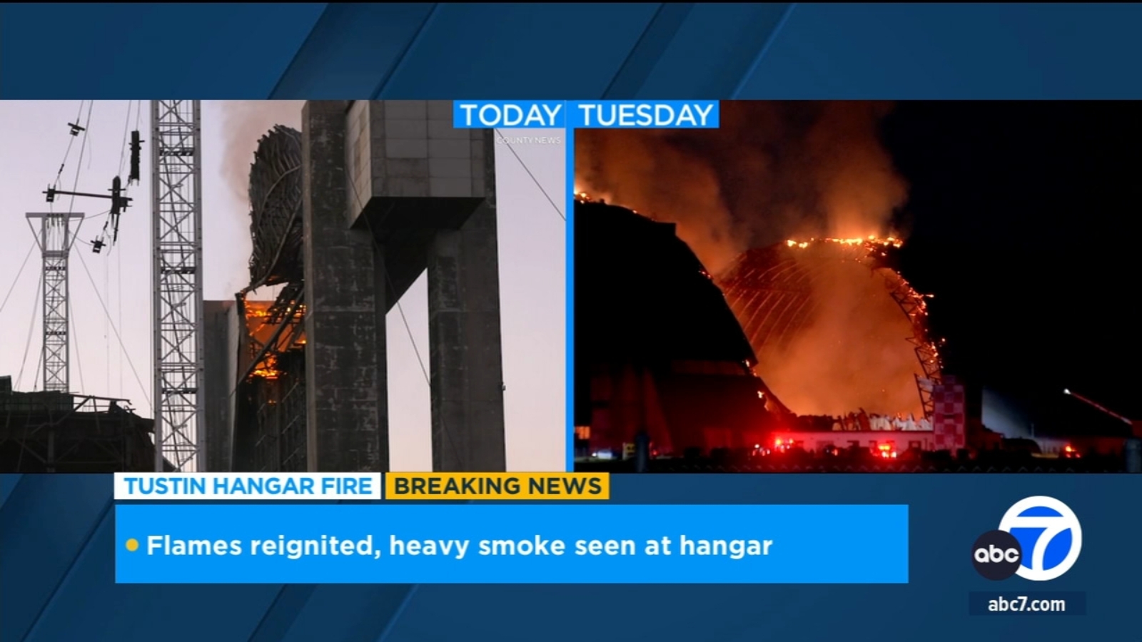 Flare-ups continue at historic Tustin hangar after massive fire; Tustin Unified schools closed Monday - Vimarsana News