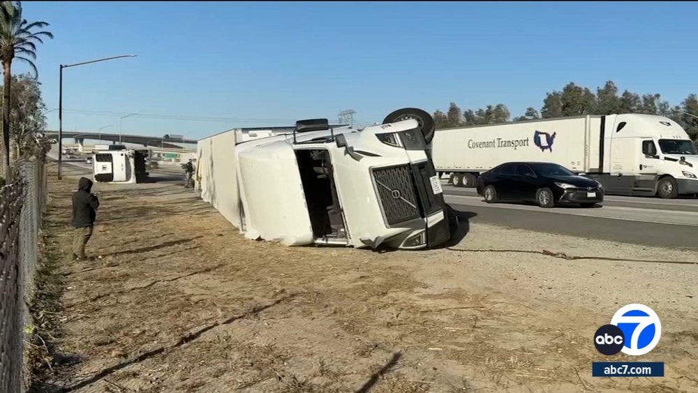 Big rigs knocked down in Inland Empire amid powerful Santa Ana winds
