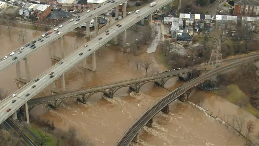 Aerial video shows flooding along the Schuylkill River and Kelly Drive in Philadelphia