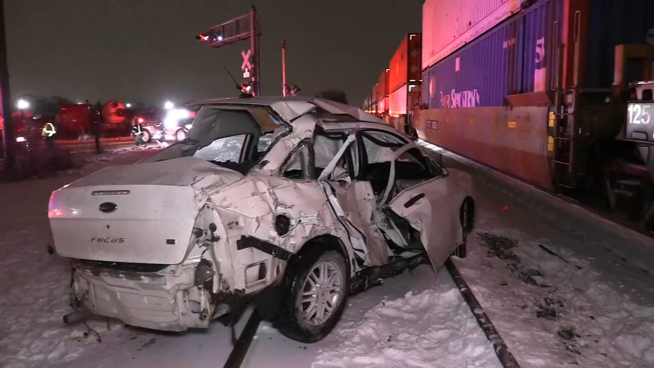 4 women hurt after car hits freight train; 2 extricated with jaws of life, Harvey Fire Dept. says
