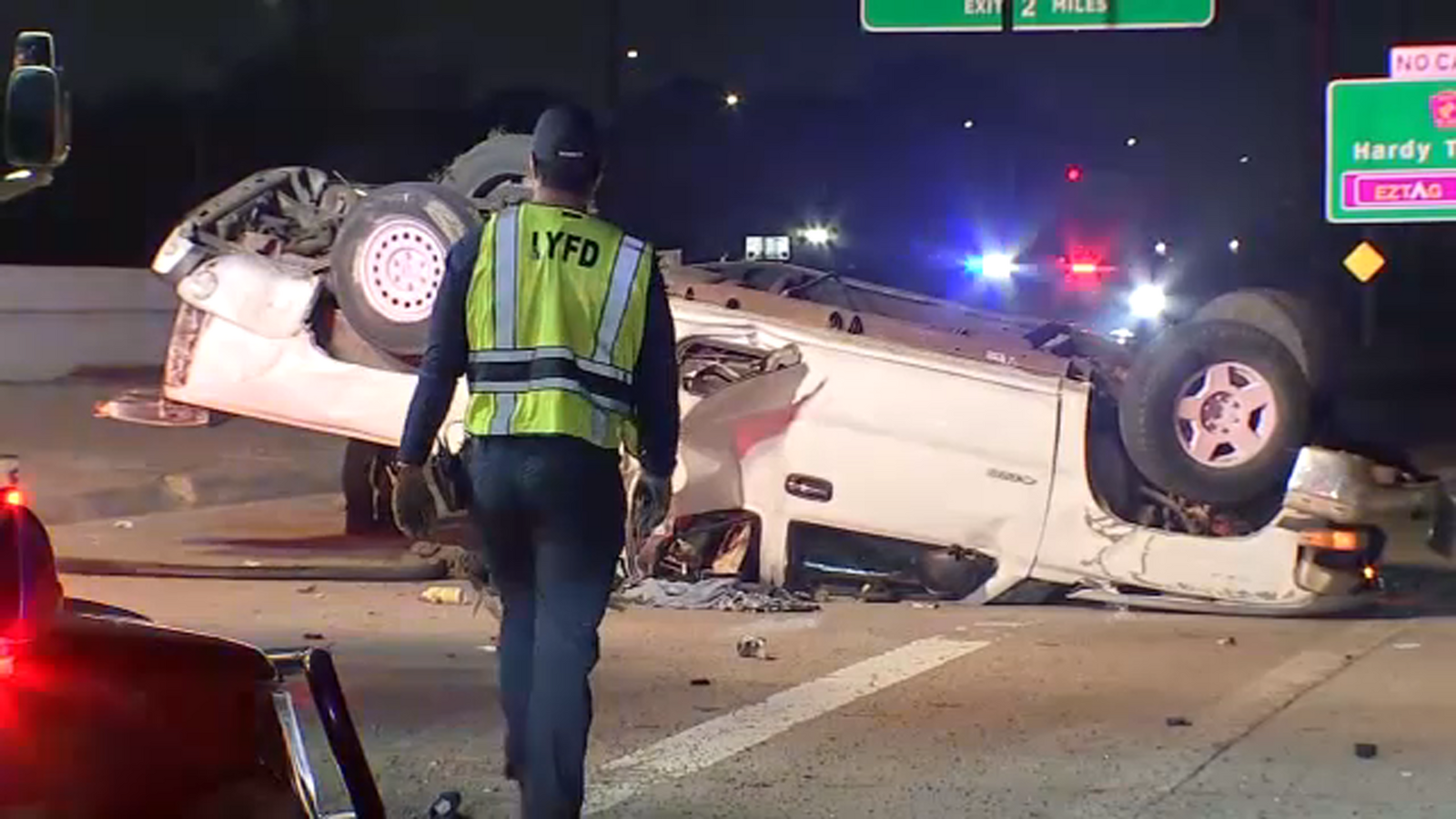 Video shows car flipped over on Hardy Toll Road and Aldine Mail Route
