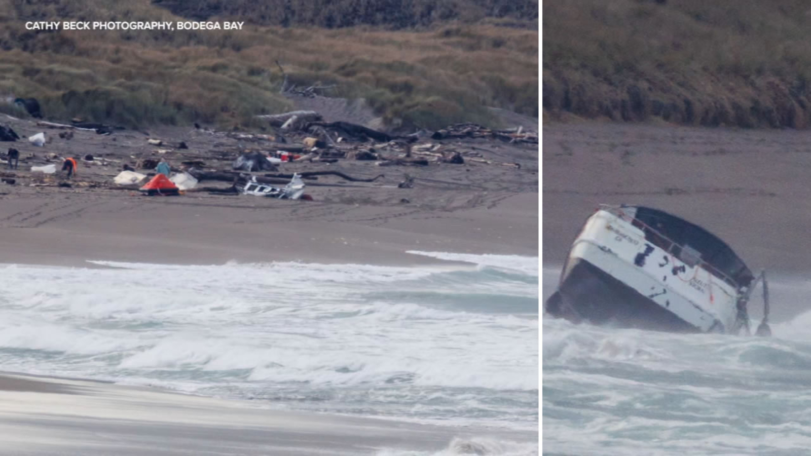 Bay Area storm 57ton fishing vessel grounded near Bodega Bay ripped