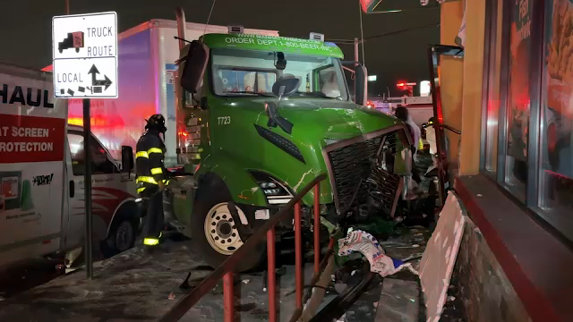 Truck and car collides and crash into Popeyes restaurant in Brooklyn