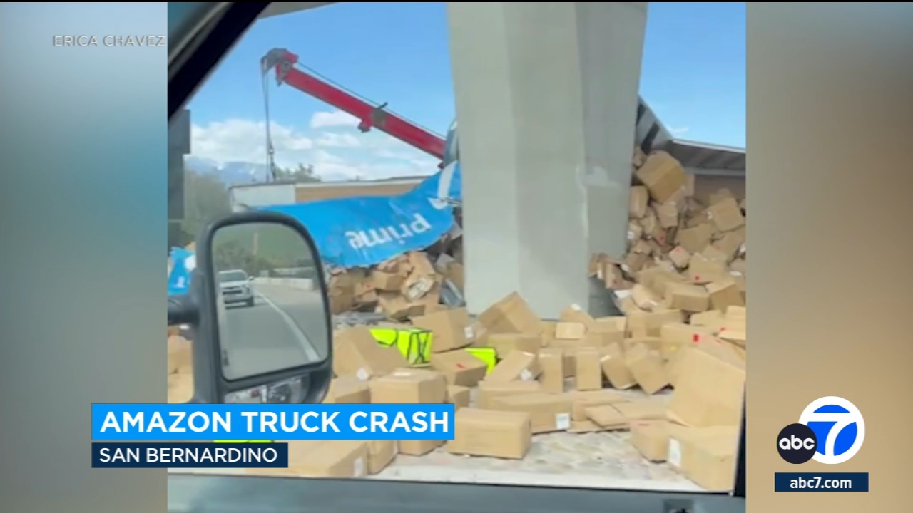 Amazon truck carrying hundreds of packages overturns in San Bernardino