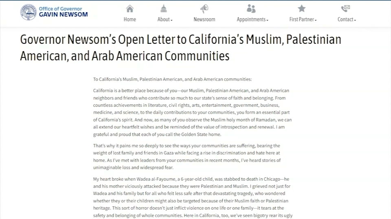 Newsom calls for cease-fire in Gaza in open letter to Muslims, Arabs