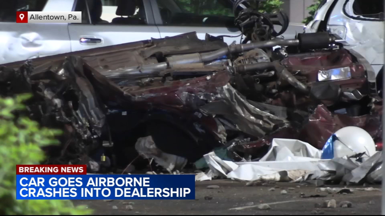 Car goes airborne, flies more than 100 feet before crashing into car at dealership in Allentown, Pa.