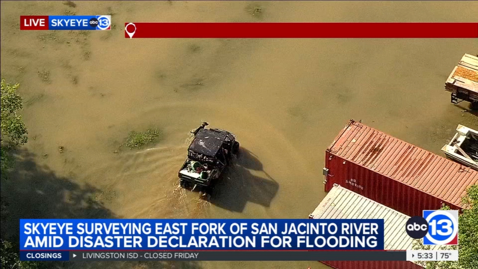 SkyEye surveying San Jacinto River amid flood disaster declaration - ABC13 Houston