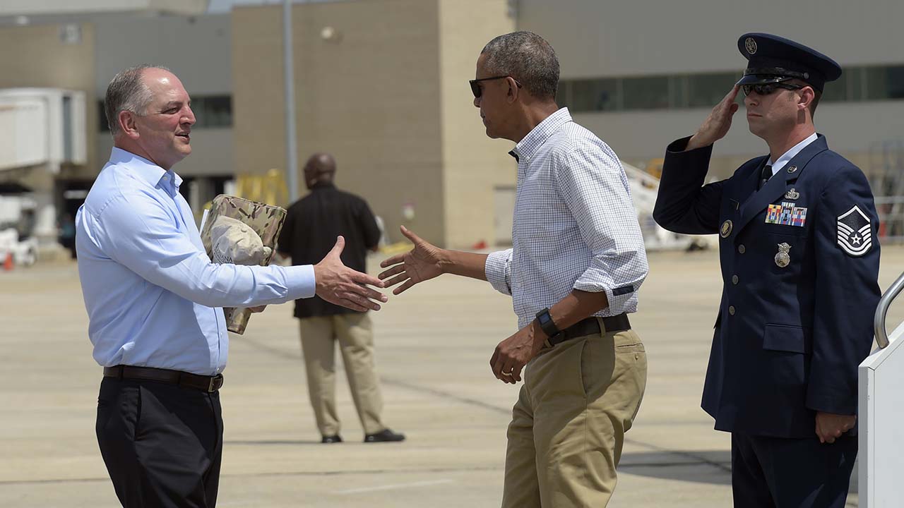 President Barack Obama arrived in Louisiana's capital city where he got a first-hand view of the damage from flooding
