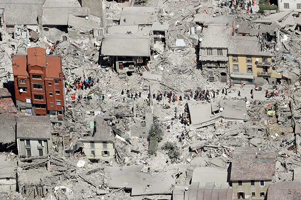 This aerial photo shows the damaged buildings in the town of Amatrice, central Italy, after an earthquake, Wednesday, Aug. 24, 2016.