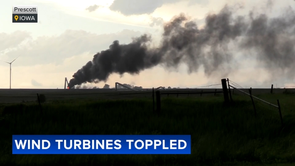 Wind turbine topples, catches fire in Iowa amid severe weather