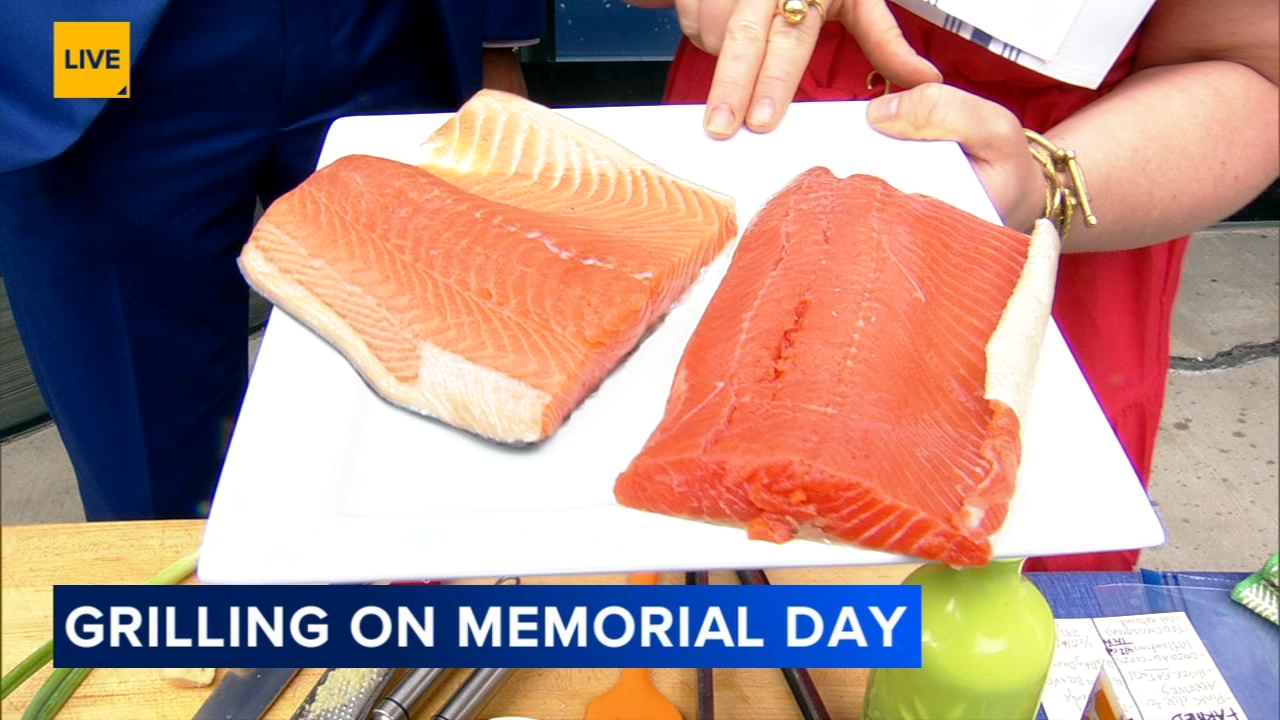 Grilled salmon with watermelon, feta salad for Memorial Day