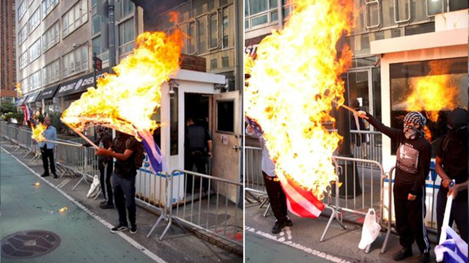 Outside In US, Israeli flags burned in protest outside Israeli Consulate on East ...