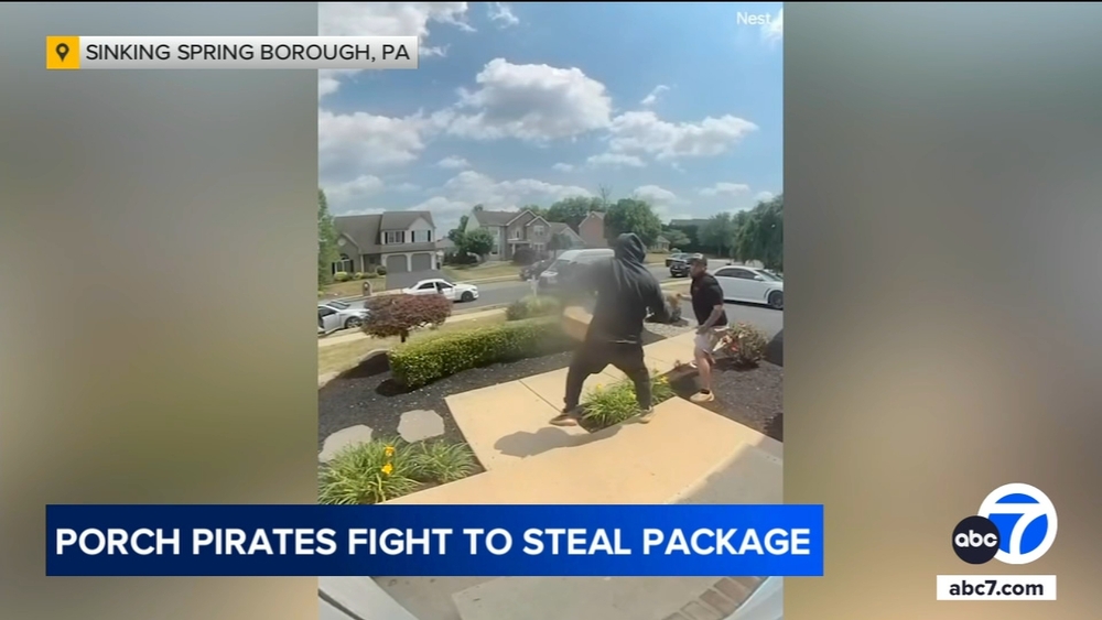 Video: Porch pirates fight to steal package outside PA home