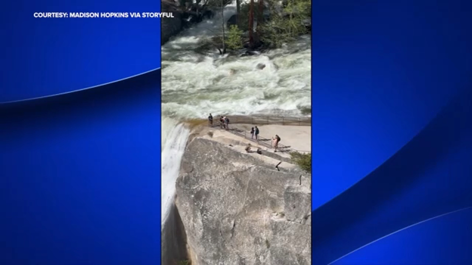 Group seen jumping barrier at top of Vernal Falls in Yosemite National Park
