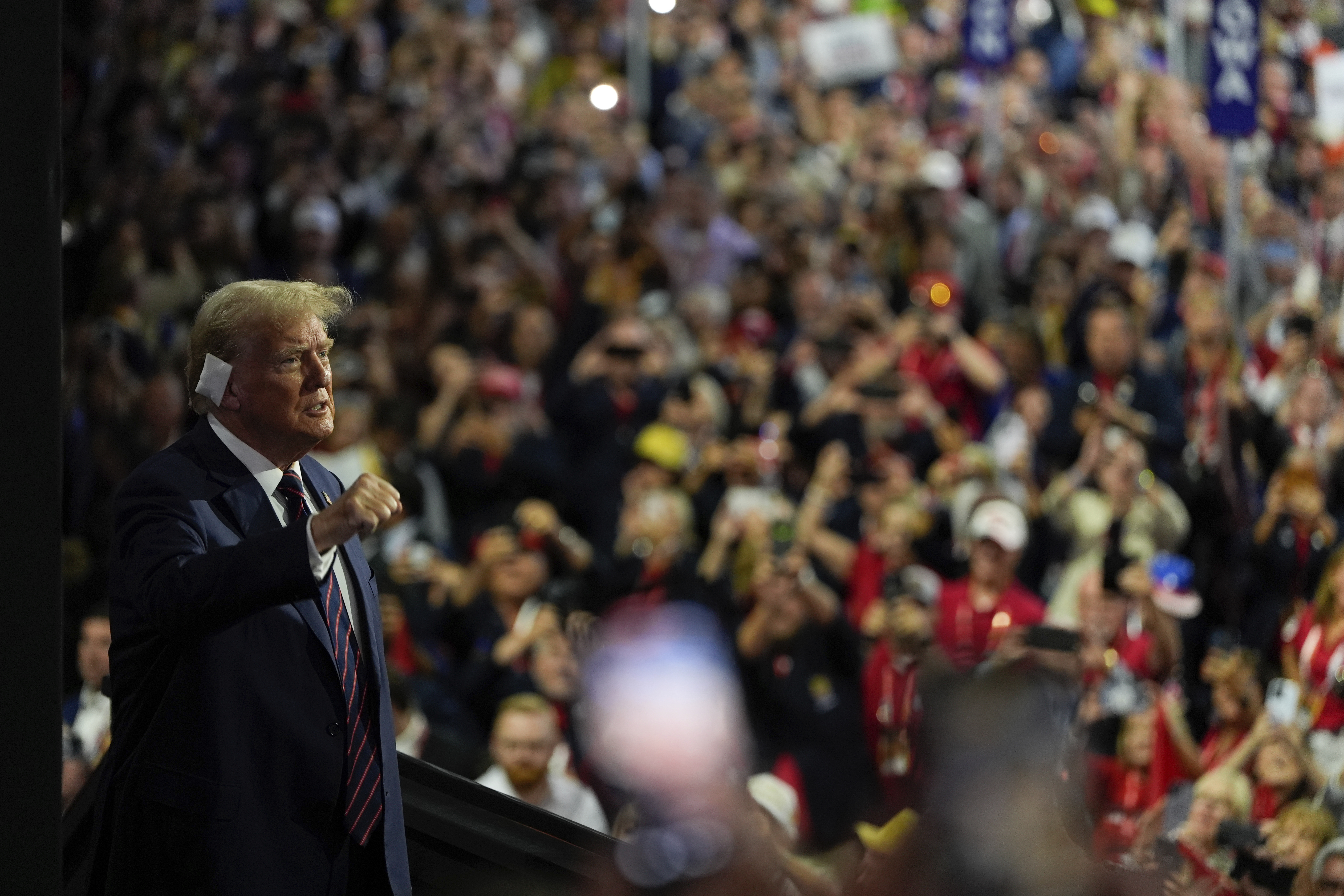 Republican presidential candidate former President Donald Trump gestures as he arrives at the Republican National Convention Wednesday, July 17, 2024, in Milwaukee.