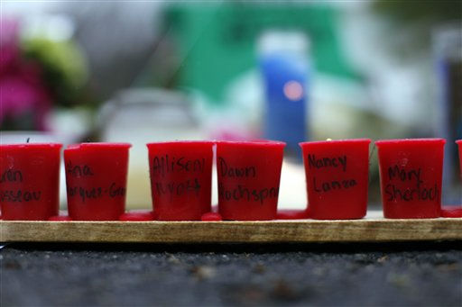 Candles with the names of shooting victims written on them sit at a memorial near Sandy Hook Elementary School, Sunday, Dec. 16, 2012 in Newtown, Conn. A gunman walked into Sandy Hook Elementary School in Newtown Friday and opened fire, killing 26 people, including 20 children. (AP Photo/Jason DeCrow)