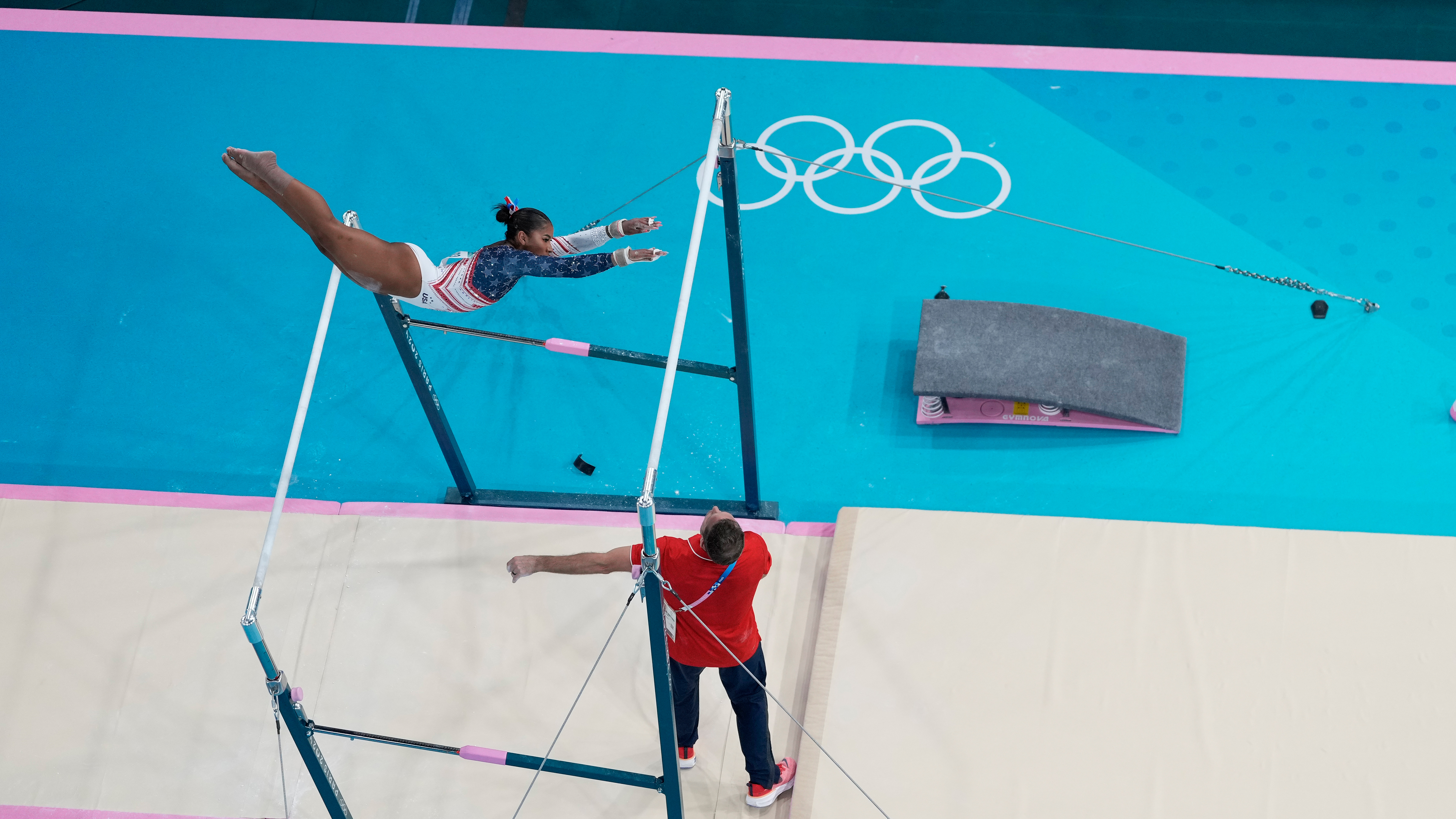 Jordan Chiles performs connected  the uneven bars during the women's creator  gymnastics squad  finals astatine  the 2024 Summer Olympics, Tuesday, July 30, 2024, successful  Paris, France. 