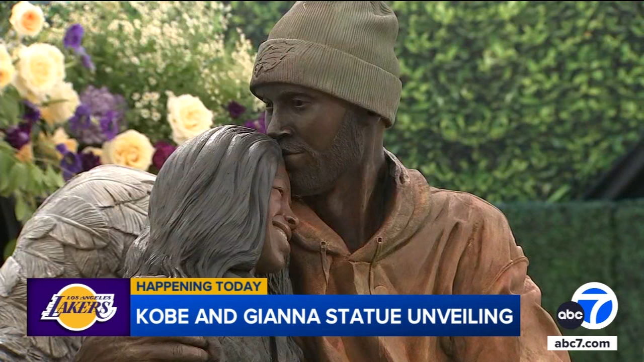 Statue honoring Kobe Bryant, daughter Gianna unveiled outside Crypto.com  Arena - ABC7 Los Angeles