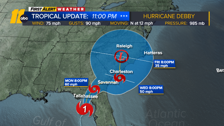 Hurricane Debby strengthens to Cat. 1 Hurricane ahead of landfall