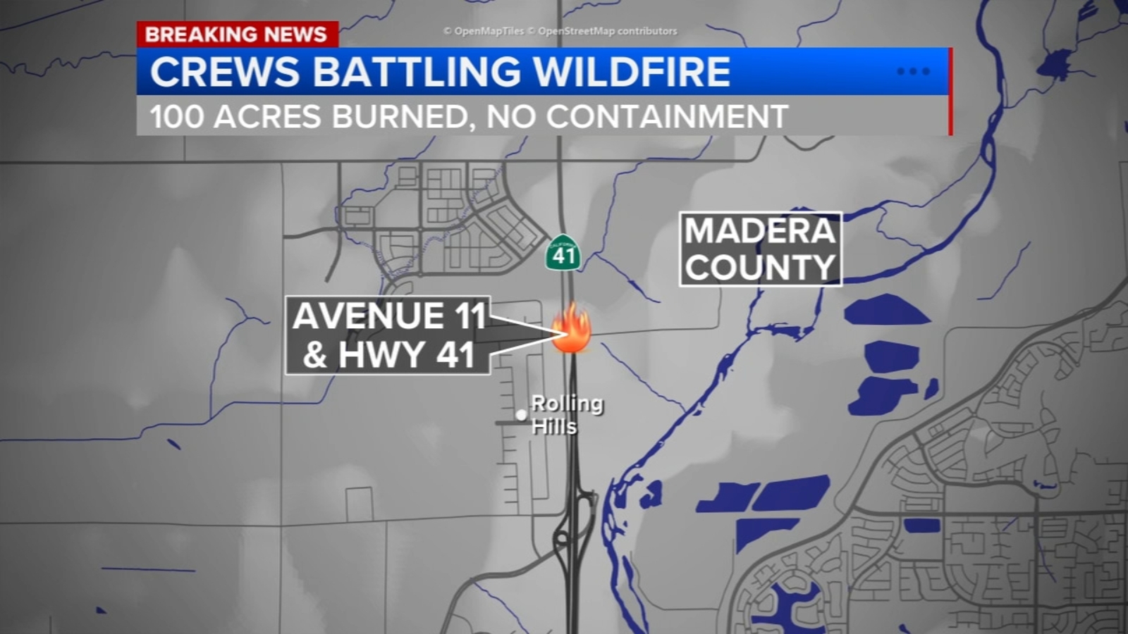 Wildfire breaks out next to Highway 41 in Madera County, at least 100 acres burned