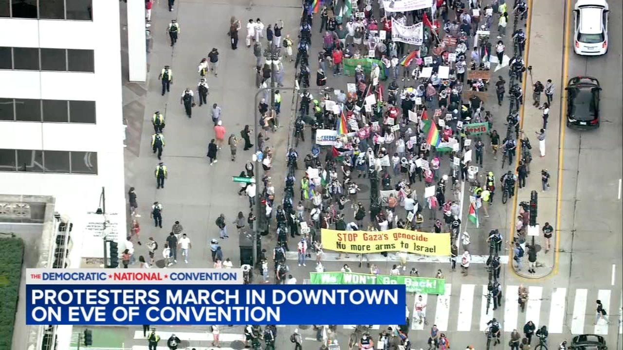 Protesters march through the Loop on eve of Chicago DNC