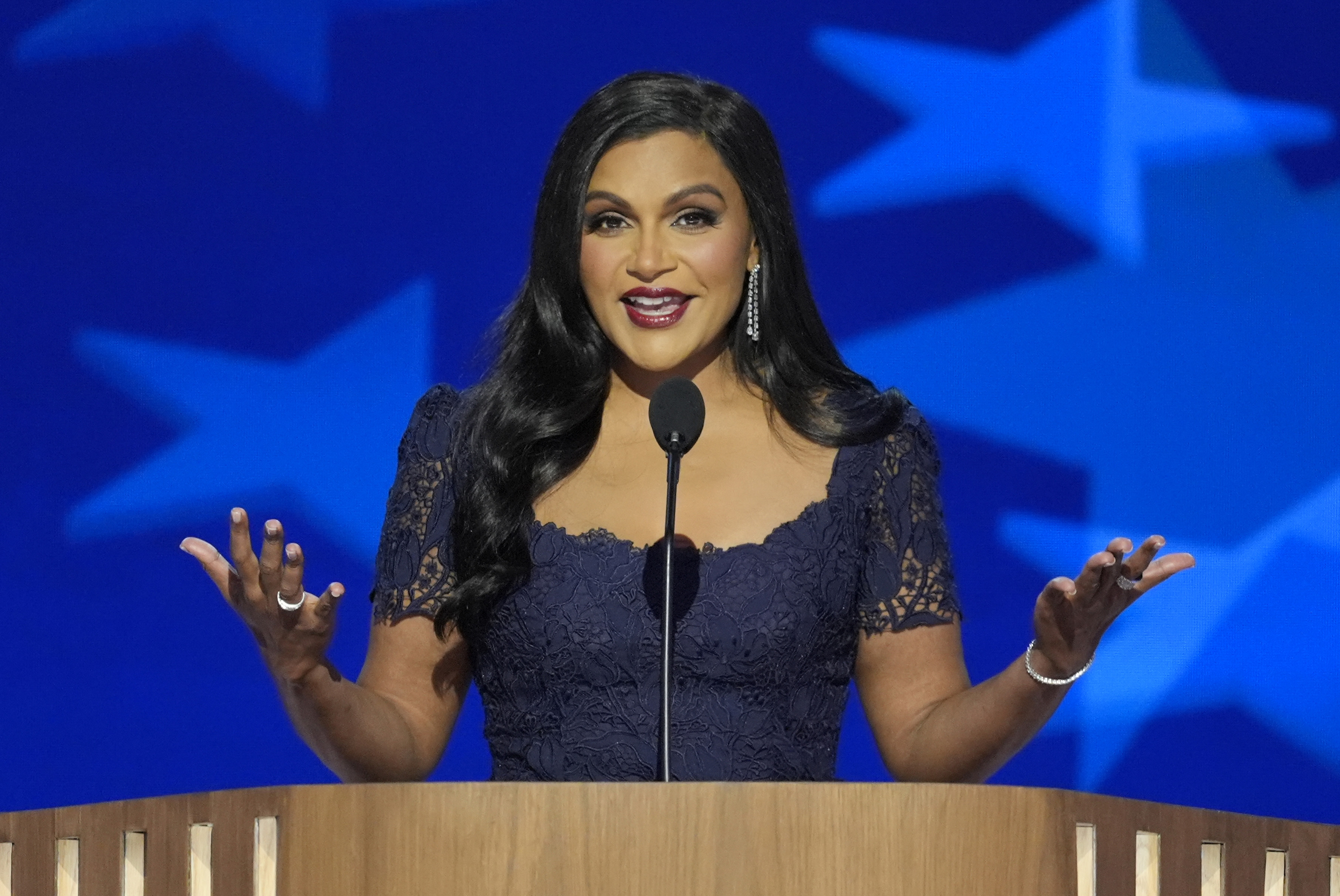 Mindy Kaling speaks during the Democratic National Convention Wednesday, Aug. 21, 2024, in Chicago.