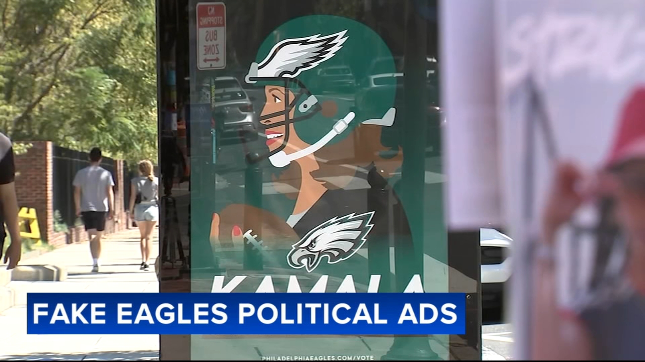 Counterfeit political ad showing Kamala Harris in Eagles gear removed from bus stop