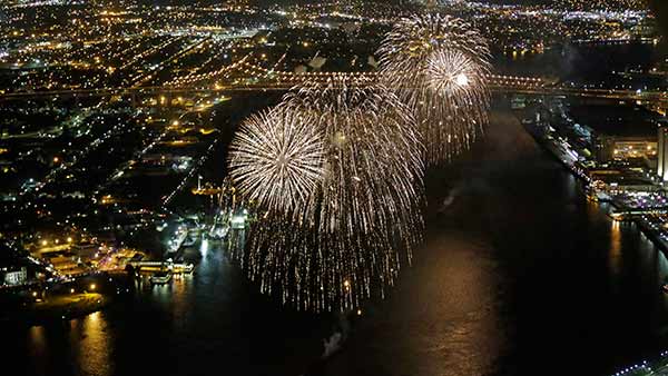 This aerial photo, shows a Fourth of July fireworks celebration over the Mississippi River in New Orleans on July 4, 2014.