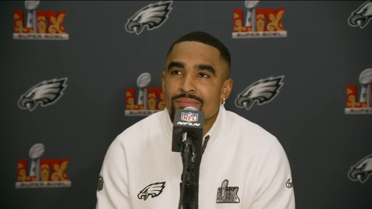 Eagles Jalen Hurts speaks to reporters ahead of Super Bowl LIX