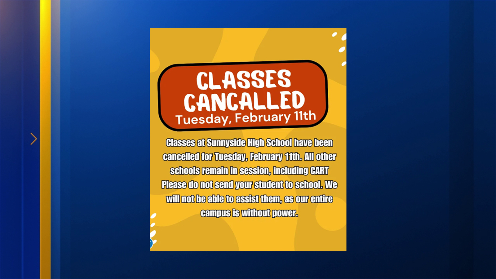 Classes cancelled at Sunnyside High School in southeast Fresno due to campus-wide power outage