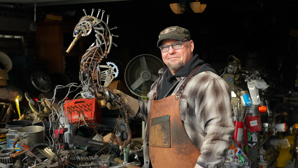 Combat veteran welds scrap metal into whimsical sculptures
