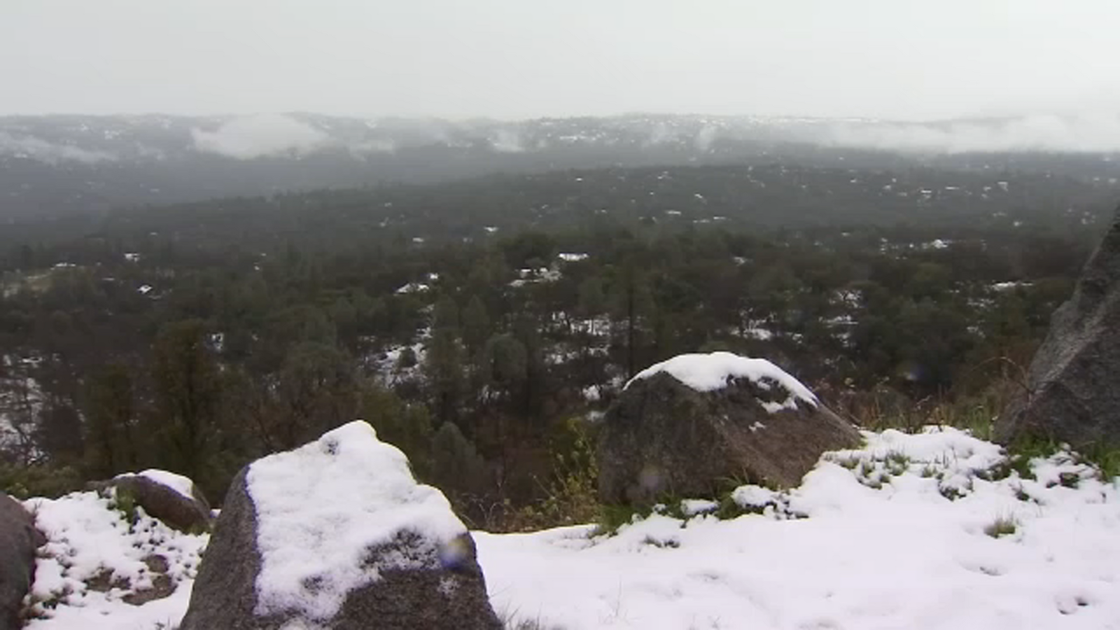 Snowy and rainy conditions in the Madera County foothills