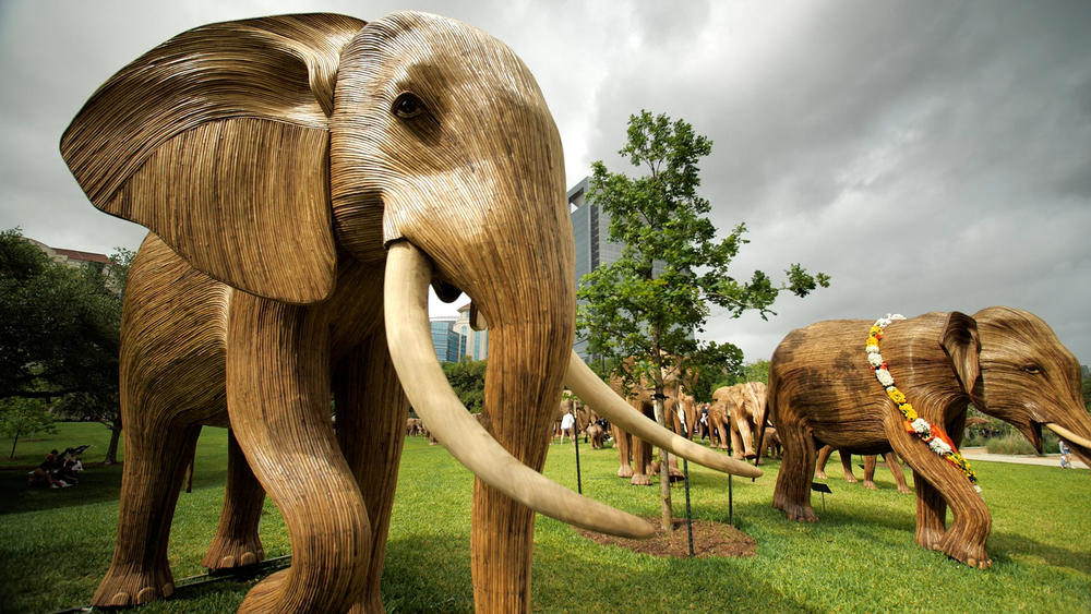 Large elephant sculptures crafted from invasive plant