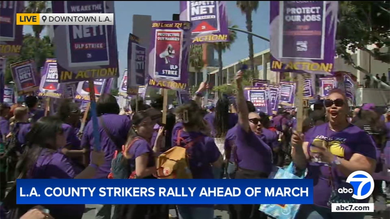 LA County workers march through DTLA on day 2 of strike