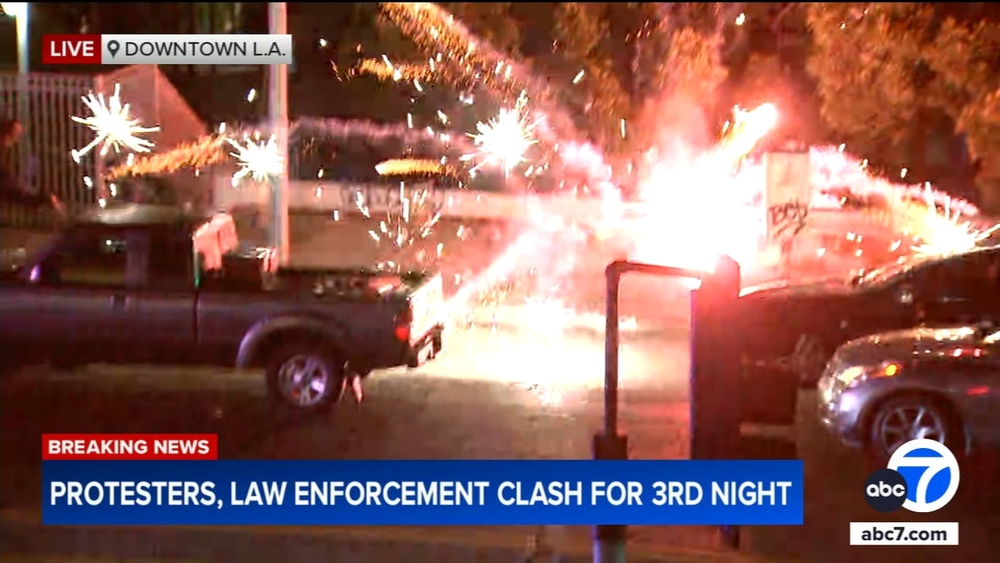 Fireworks set off amid clashes in downtown LA