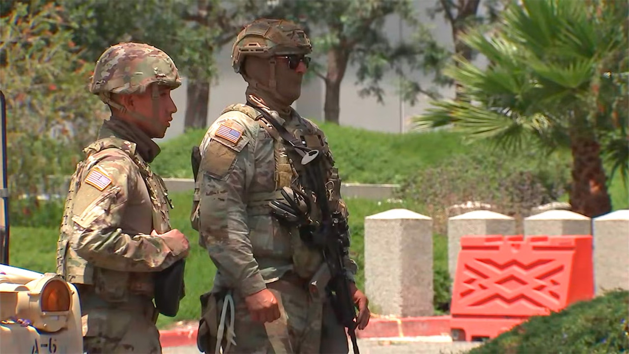 Marines are seen at the Wilshire Federal Building in Los Angeles, June 13, 2025.