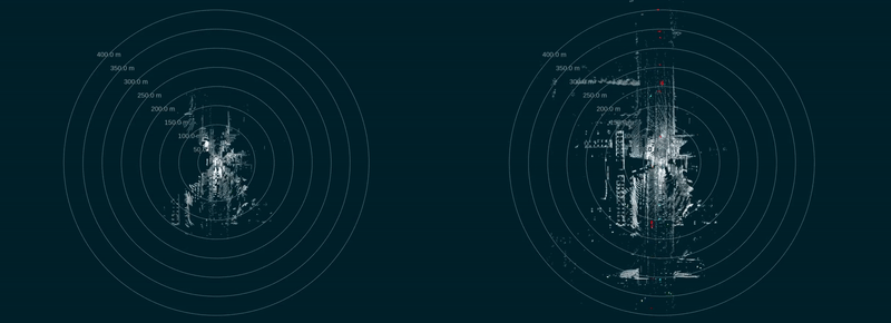 Animation showing the sight distance of Aurora First Light technology compared to regular Lidar.