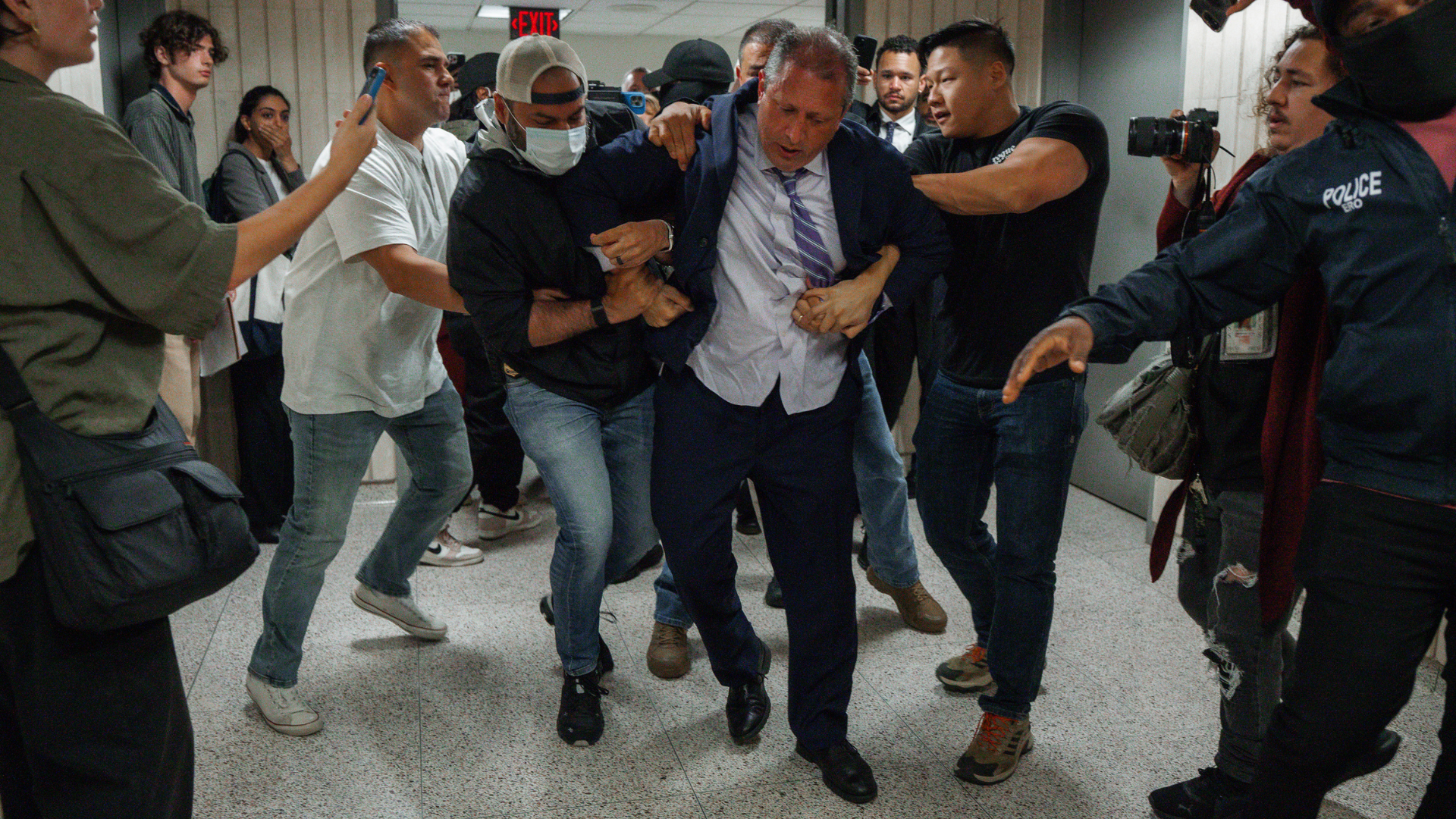 New York City Comptroller Brad Lander is placed under arrest by Immigration and Customs Enforcement (ICE) and FBI agents outside federal immigration court.